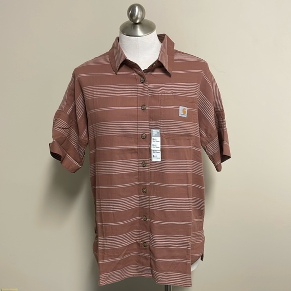 Carhartt Women’s Short Sleeve Loose Fit Woven Button Front Clay with Stripes NWT - Picture 3 of 5
